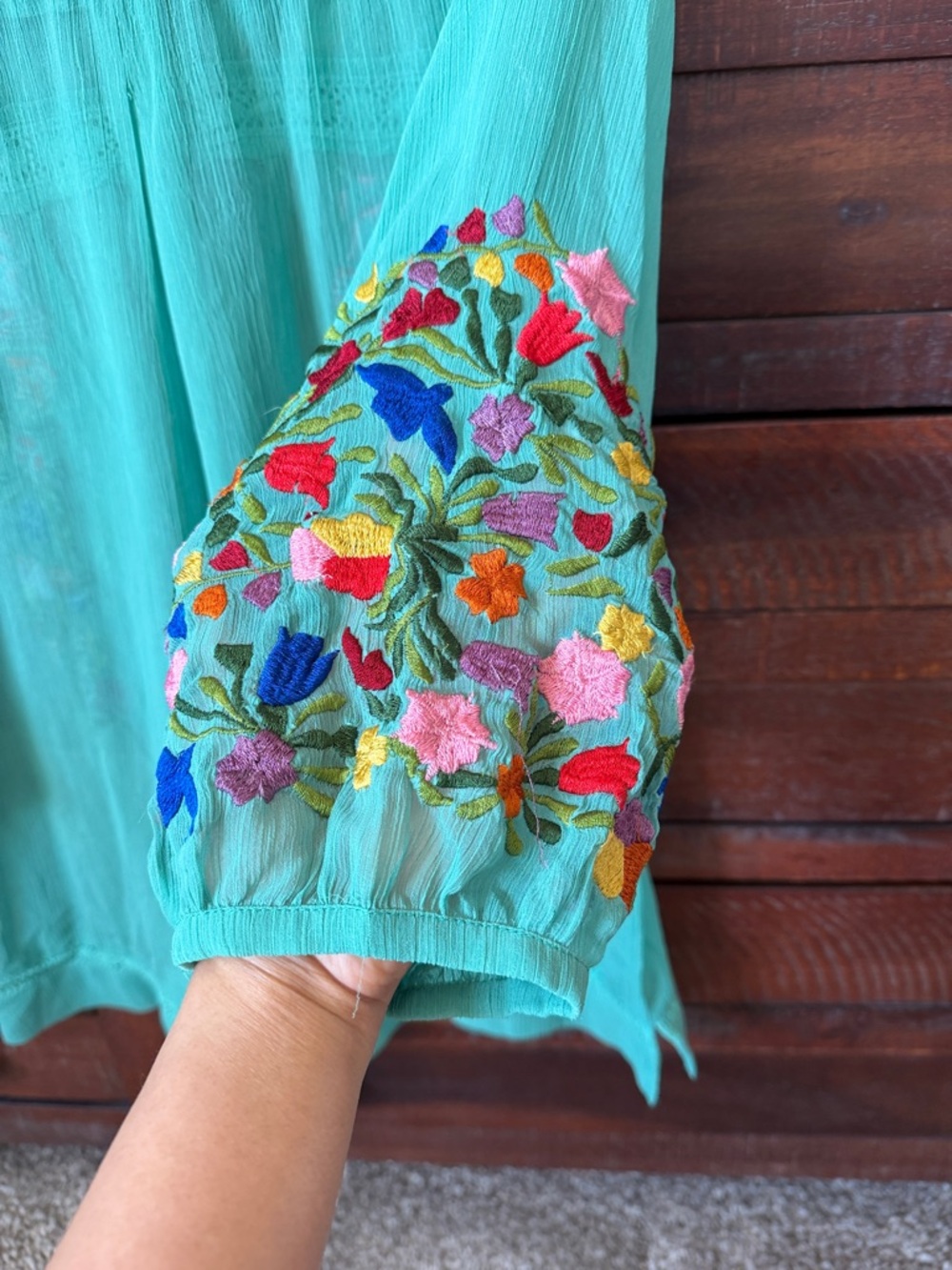 Embroidered Teal Boho Tunic Top with Floral Accents - Picture 6 of 6